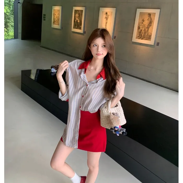 撞色拼接polo领长袖衬衫外套女秋季时尚套装气质包臀半身裙两件套