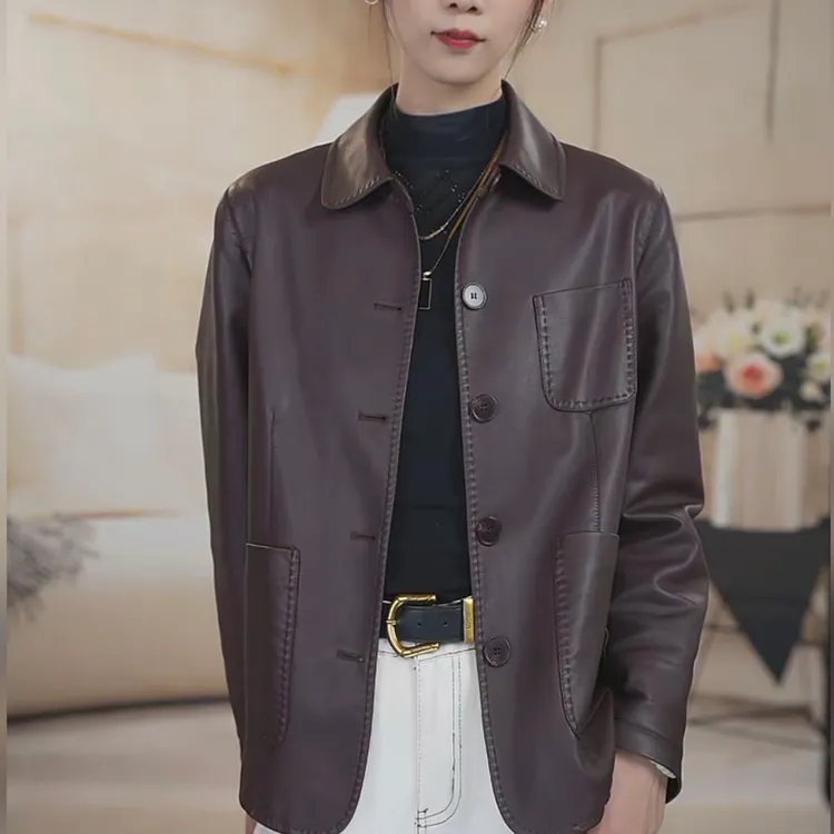 【单里衬】海宁正品短款皮衣女2025秋季新品皮夹克翻领小个子短外套