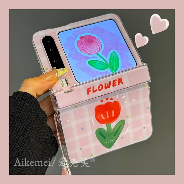 适用华为PuraX折叠屏手机壳pocket2郁金香花朵小米MIX Flip链条女