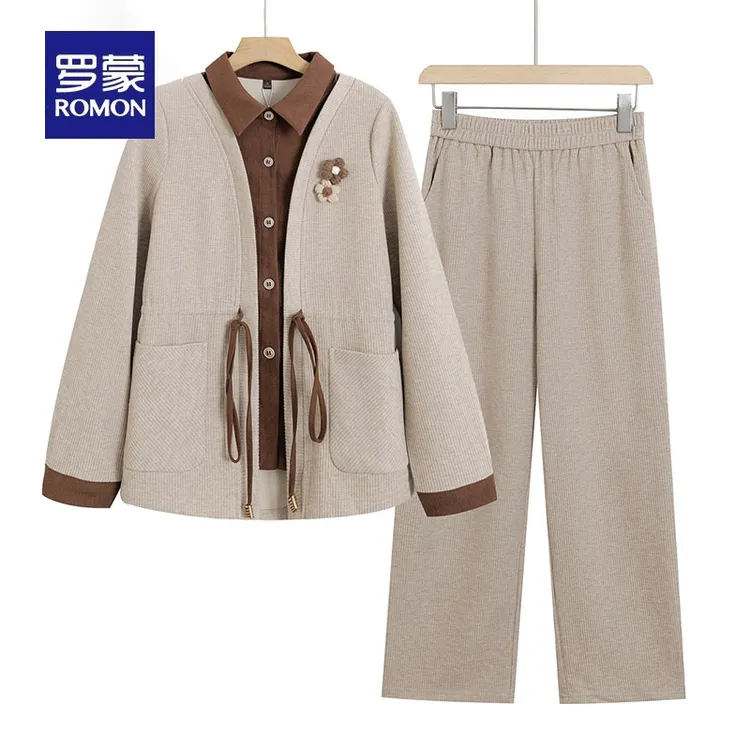 罗蒙中年妈妈秋装运动服套装2025新款中老年女装阔太太春秋上衣服