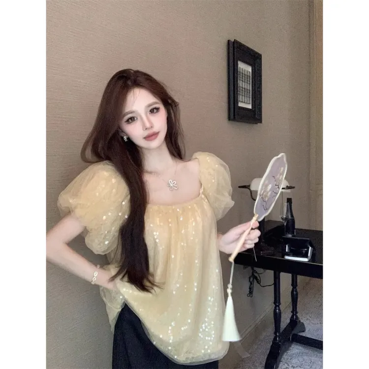 2025大码胖mm300斤法式重工亮片泡泡袖衬衫女夏季温柔风气质宽松