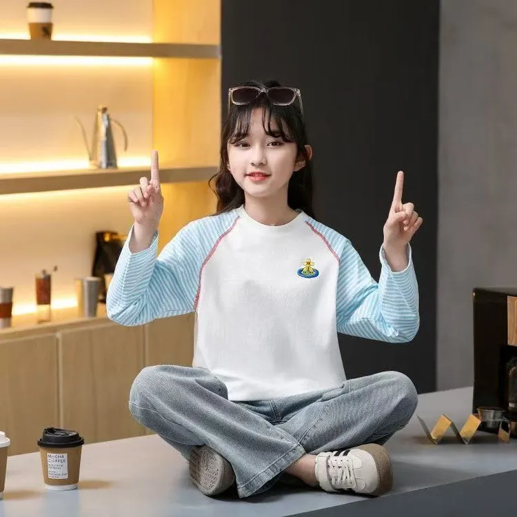 2025春季新款纯棉长袖条纹大童T恤拼接绣花春秋防晒休闲打底女童