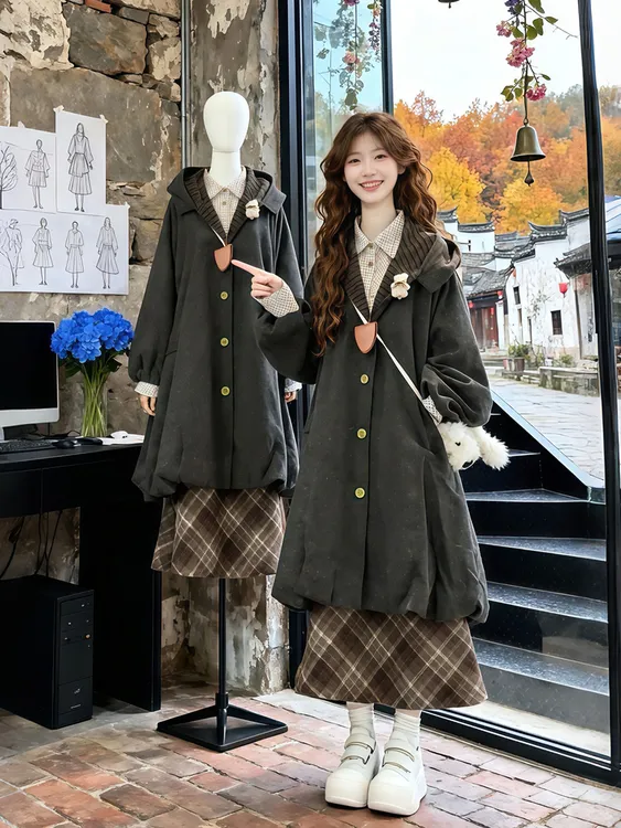 秋冬搭配一整套2025慵懒风格子衬衫叠穿灰色毛呢外套半身裙三件套