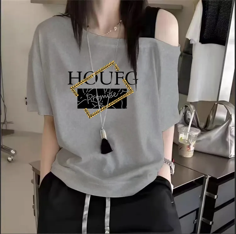 韩版斜肩吊带撞色字母印花短袖t恤女夏季宽松显瘦上衣大码胖妹妹