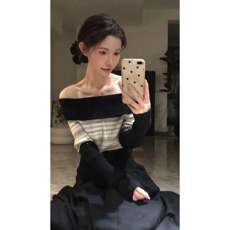 费尔岛针织衫上衣女秋冬季高级感复古提花毛衣时尚黑色半身长裙