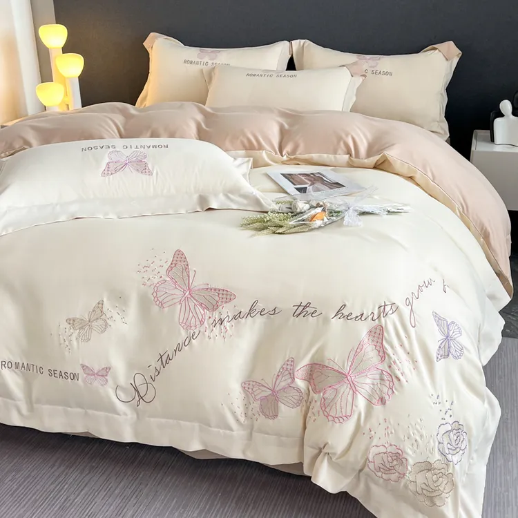 富安娜新款A类轻奢全棉裸睡四件套纯棉床单被套被罩床上用品纯色4