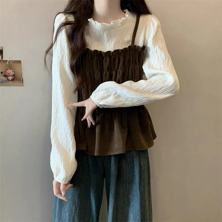 成人小众法式感假两件衬衫女春秋胖收腰遮肚显瘦短款娃娃衫上衣盈