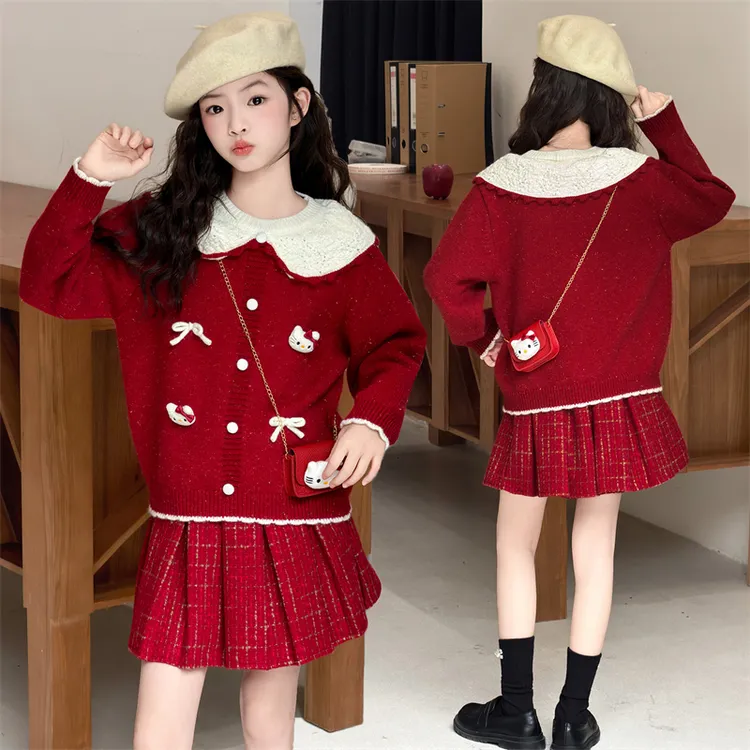 女童毛衣秋冬2025新款儿童娃娃领针织衫超好看大童毛衣裙子两件套