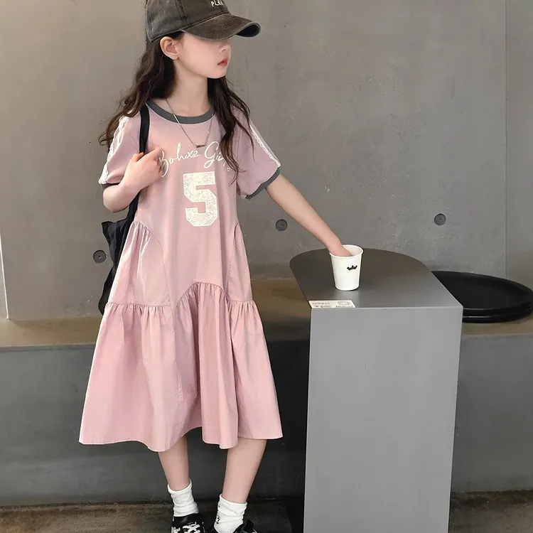女童连衣裙夏季2025新款儿童洋气学院风中大童粉色短袖拼接裙子