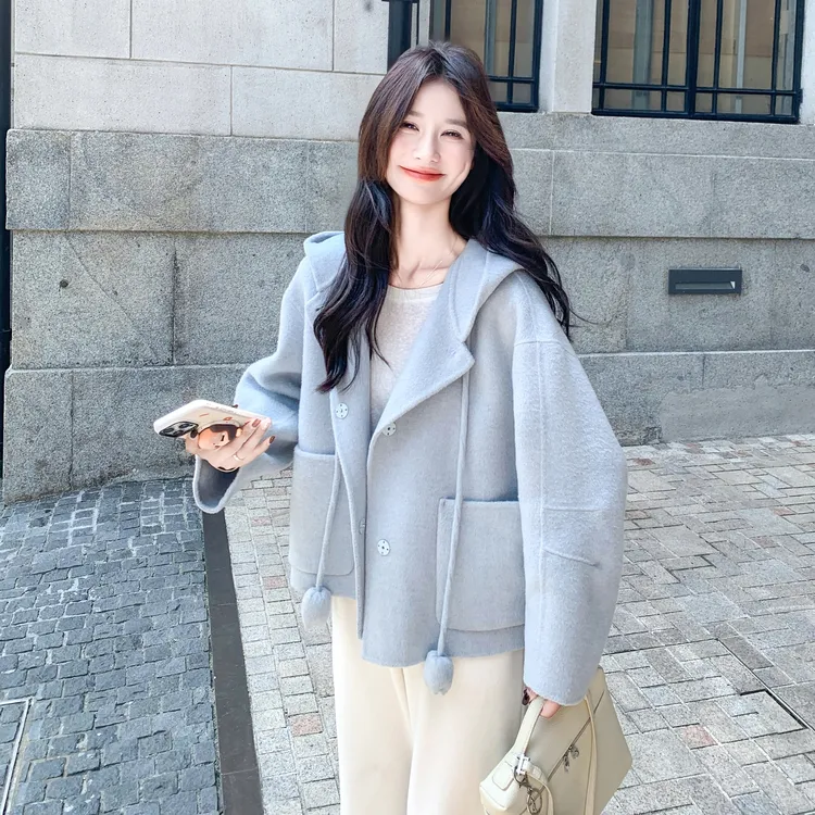 连帽蓝色双面呢外套女秋冬2025新款短款大衣学院风流行韩系