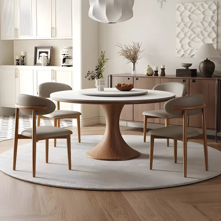 法式复古实木小蛮腰款旋转岩板圆桌简约餐桌椅组合复古风家用餐桌