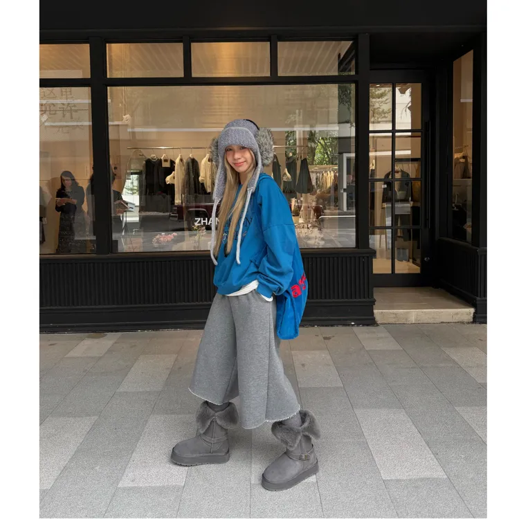 HELLOTANGO《慵懒时刻》秋冬韩系宽松毛边松紧八分加绒卫裤851005