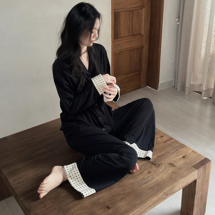 及好睡衣女纯棉长袖开衫翻领家居服春秋冬季可外穿高级感黑色套装
