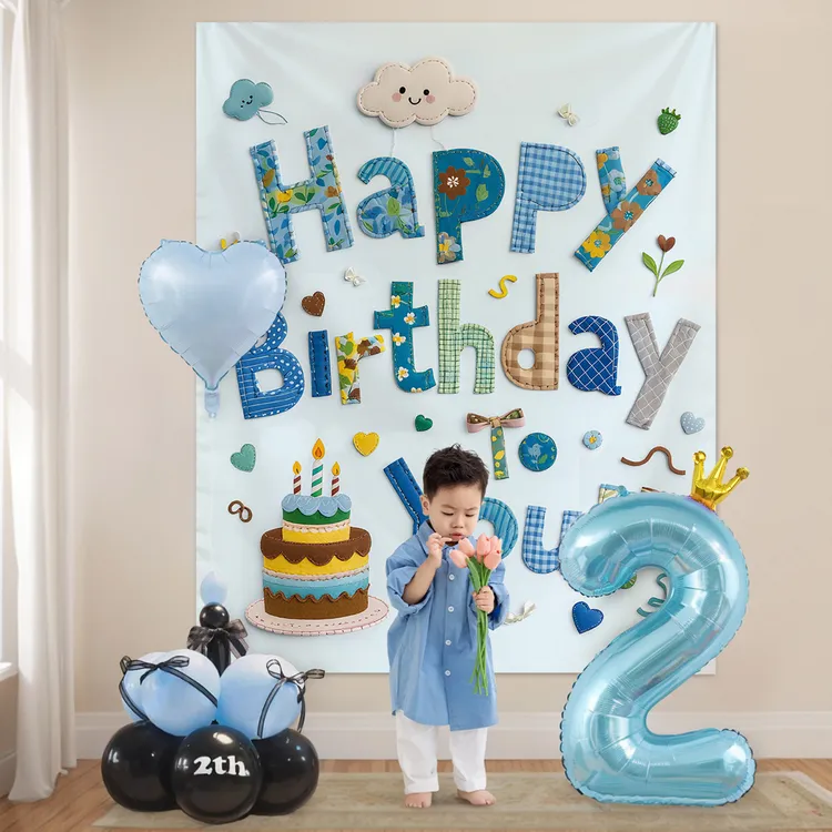男孩女童2岁生日布置场景装饰派对背景墙画布气球氛围感拍照道具