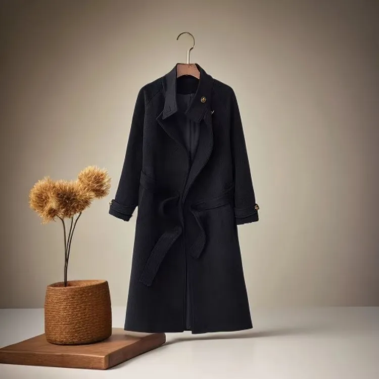 13199女士冬季时尚设计师黑色百搭气质轻奢长款羊毛大衣