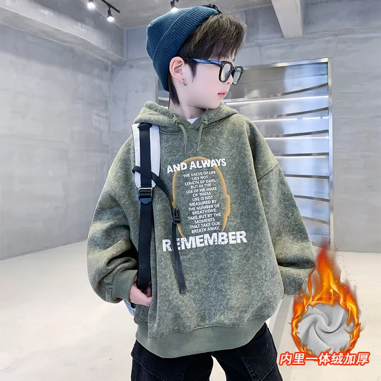 男童加绒卫衣秋冬款连帽2025新款大儿童男孩冬季一体绒加厚打底衫