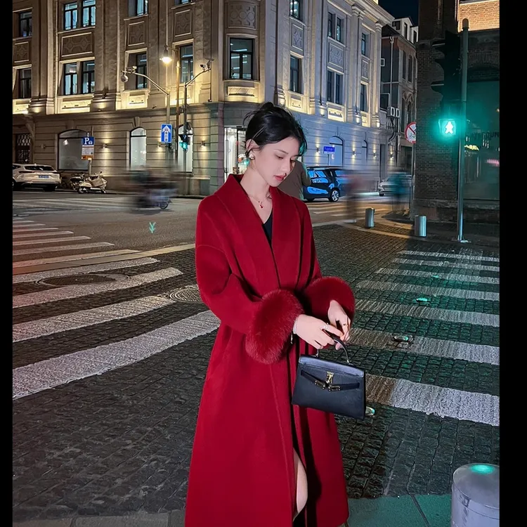 红色高个子长款双面羊毛大衣女仿狐狸毛高级感高贵气质毛呢外套
