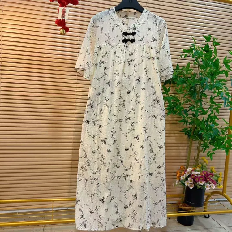 胖YY2025夏季新款新中式国风改良旗袍优雅端庄系带盘扣复古碎花裙