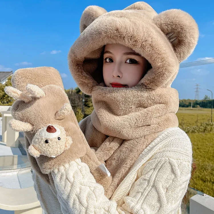 小熊帽子女冬季韩版可爱百搭围巾手套一体保暖防寒加绒加厚毛绒帽