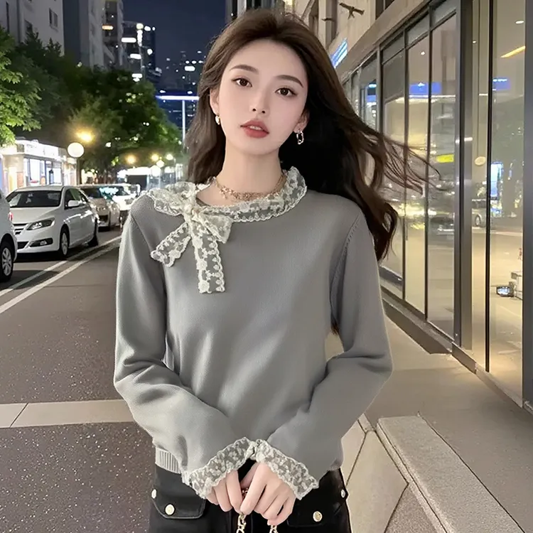 辣妹风蕾丝花边领打底针织衫秋冬女款设计感小众蝴蝶结洋气毛衣潮