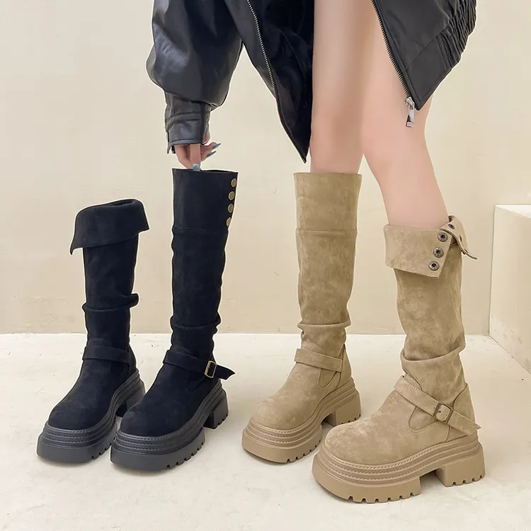 OJRZ百搭复古英伦风粗跟厚底长筒靴女2025新款秋冬显瘦两穿骑士靴