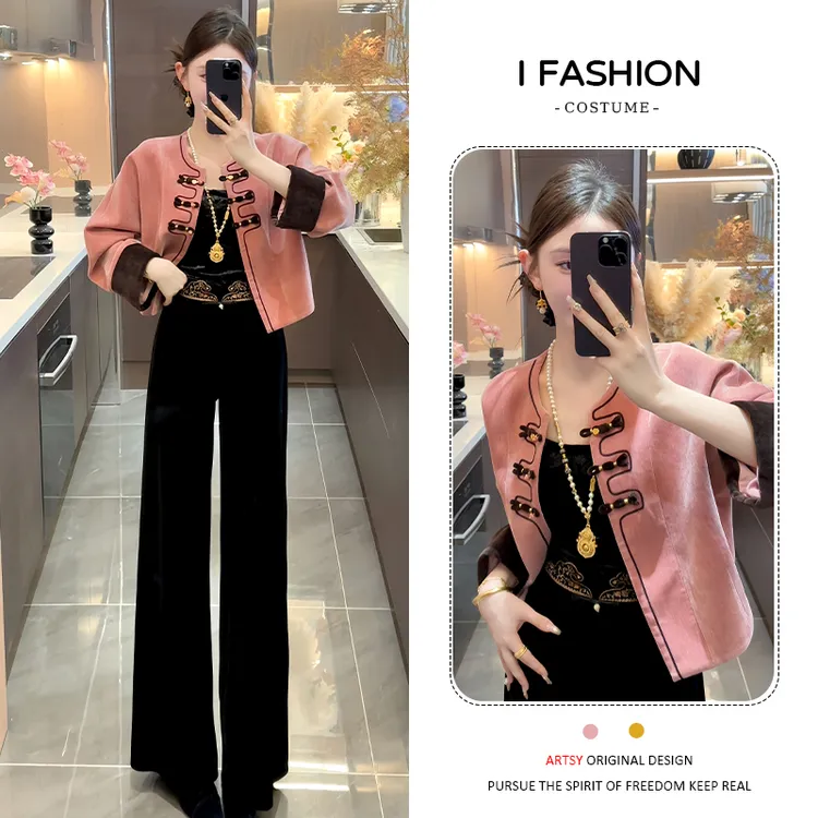 设计感时尚复古套装女士2025年春秋新款气质女神范外套长裤两件套