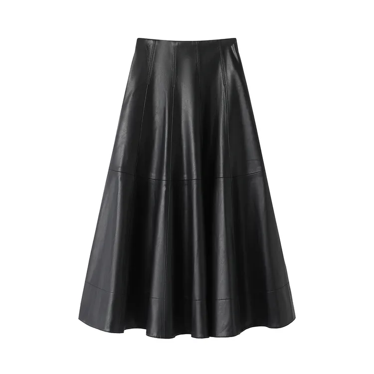 艾家时尚显瘦高腰半身裙简约微弹PU伞裙纯色常规中长裙薄款-4117