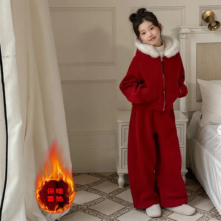 女童冬季加绒套装一体绒加厚运动装2025新款洋气中大童冬装宽松潮