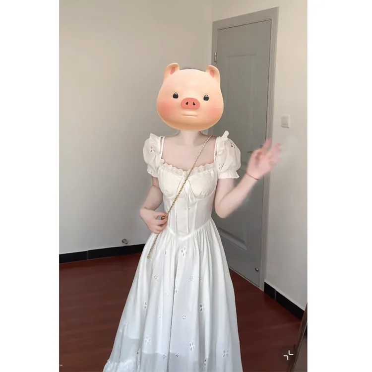 大码法式复古蕾丝收腰白色泡泡袖吊带连衣裙春夏新款长款裙子女仙