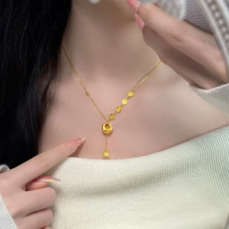 铜合金项链 平安喜乐小胖福项链女吊坠新款莲蓬流苏套链简约首饰