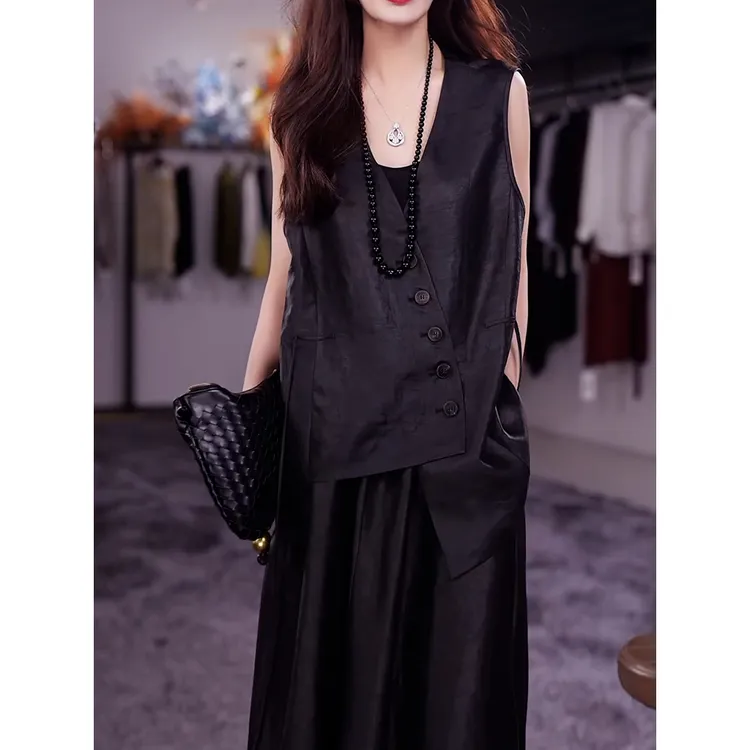 小众文艺风无袖百搭显瘦马甲+半身裙2025夏季新款轻奢纯色裙套装