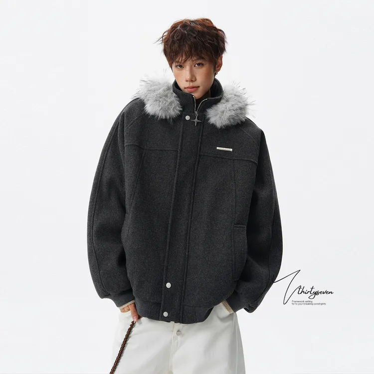 V37美式潮牌深灰色毛领立领连帽棉衣男冬季加厚保暖防寒夹克外套