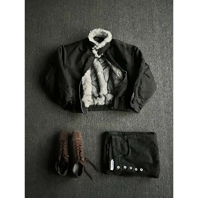 狼王座山雕仿狼毛哈灵顿棉服男款bomber加绒棉衣cleanfit夹克外套