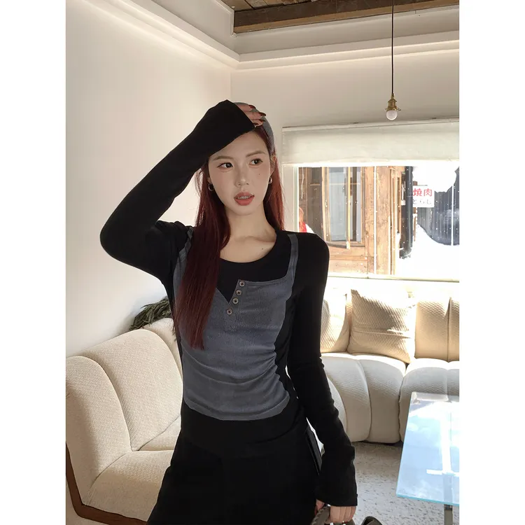 甜辣多多【超绝小蛮腰】长袖绒感针织衫2025秋冬假两件圆领上衣