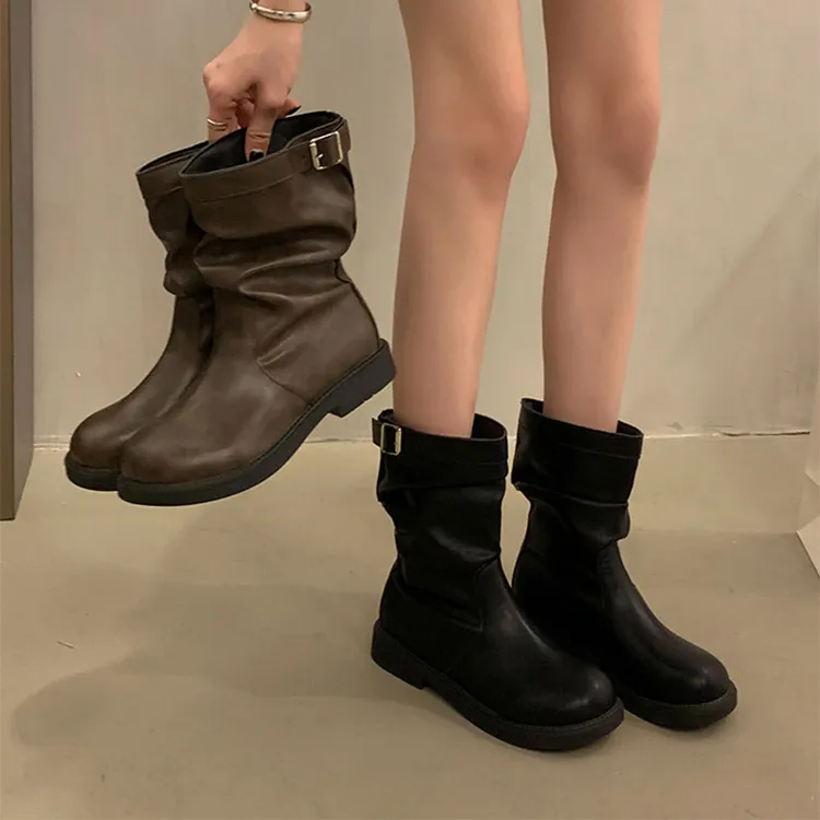 粗跟复古中筒靴骑士靴女鞋2025新款秋冬季褶皱堆堆小短靴马丁靴子