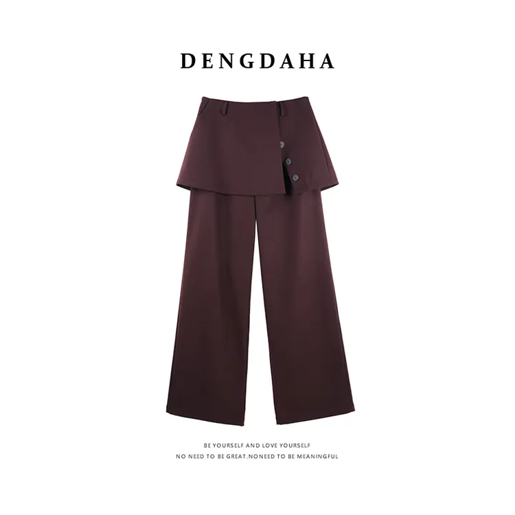 DENGDAHA「英伦行者」休闲风 不规则纽扣高腰阔腿裤HBZXP720047