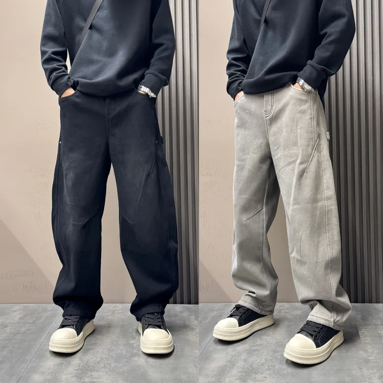 2025秋冬新款美式复古水洗做旧牛仔裤男士潮流加绒直筒宽松阔腿裤