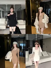 AL DINGZHI【建模身材】U领长袖收腰修身连衣裙新款气质包臀针织裙