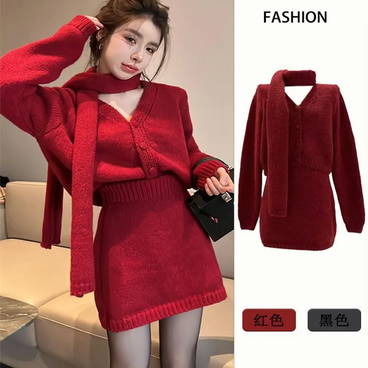 红色系超火秋季穿搭毛衣一整套ootd冬季女独特半身裙围巾三件套装