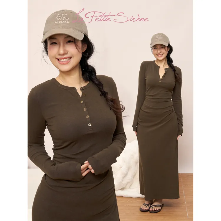 LPS | 郭卷毛同款棕绿色圆领连衣裙修身显瘦收腰长袖裙L36355JM53