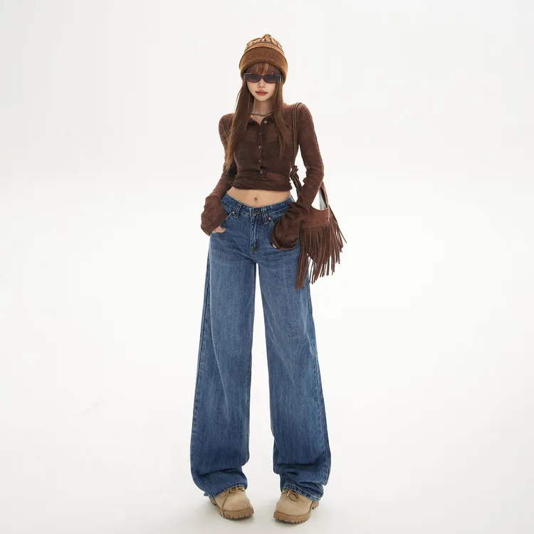 复古低腰宽松阔腿牛仔裤女2025新款秋冬百搭直筒裤子垂感显瘦长裤