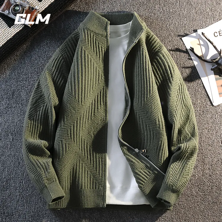 GLM开衫毛衣外套男士春秋季美式宽松提花休闲线衣纯色立领针织衫