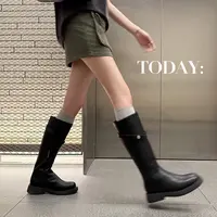 米娜同款~ 松弛感穿搭网红骑士靴女秋冬冬粗中跟真皮环扣高筒长靴