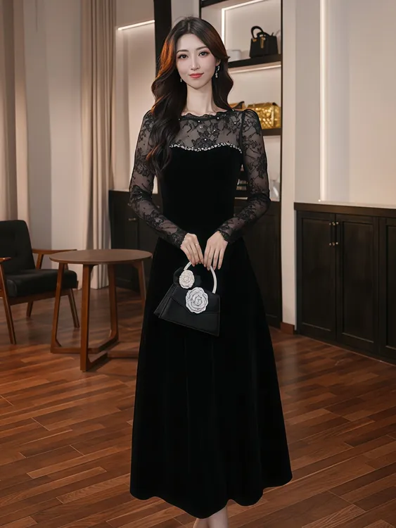 21881 时尚名媛优雅A字丝绒裙子收腰拼接网纱法式轻奢宴会连衣裙