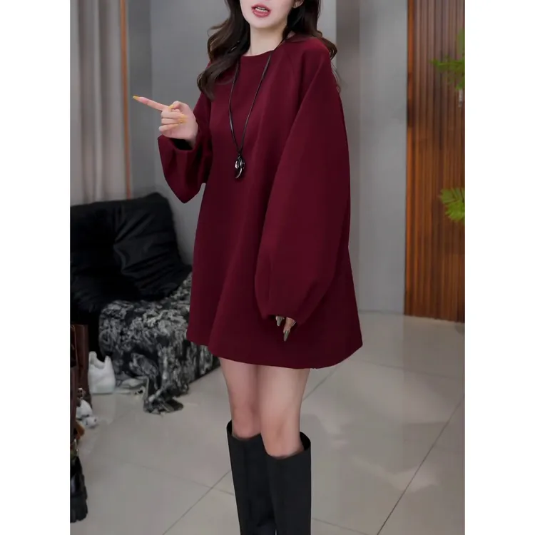 时尚宽松显瘦套头圆领T恤女2026春季新款洋气百搭中长款休闲上衣