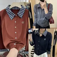 7295-韩系格子针织拼接（颜色任意）针织衫