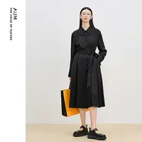 AUM显瘦气质时尚长袖收腰秋季通勤长款黑色连衣裙M1EG31266