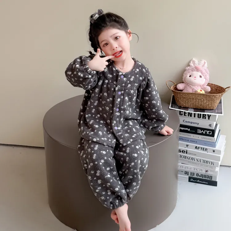 女童珊瑚绒睡衣儿童秋冬季开衫套装2025新款女孩宝宝法兰绒家居服