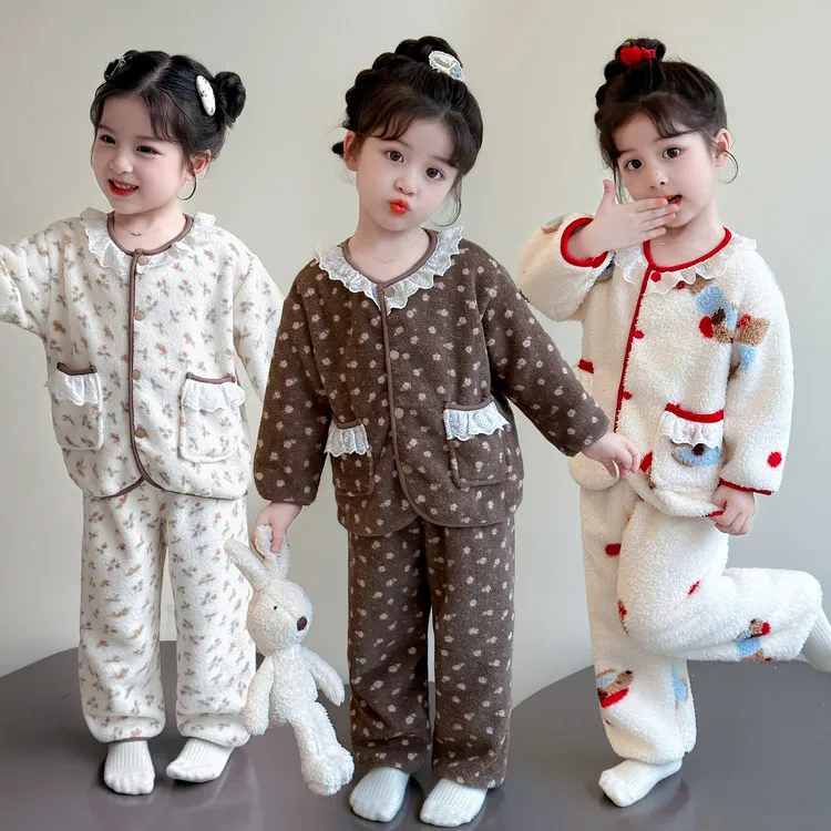 儿童睡衣秋冬季法兰绒女童珊瑚绒加厚洋气女孩宝宝冬款家居服套装
