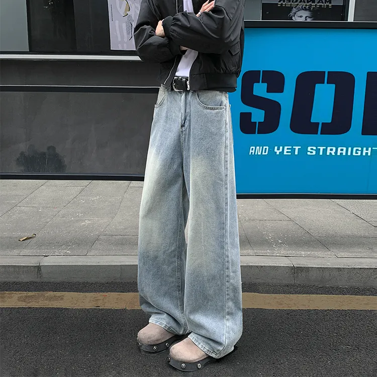 港风垂感水洗牛仔裤男士秋季宽松大码百搭时尚拖地裤痞帅高街潮流